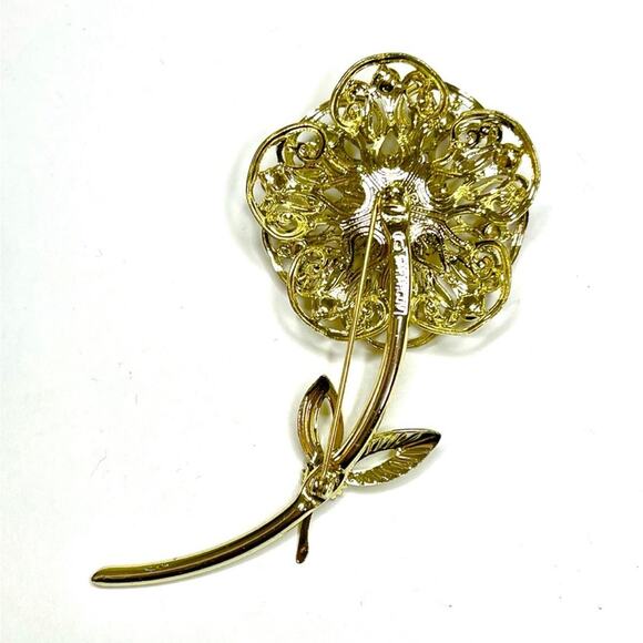 Flower Brooch Signed SARAH Red AB Gold Vtg Vintage Estate Jewelry Pin O06 - Picture 4 of 5